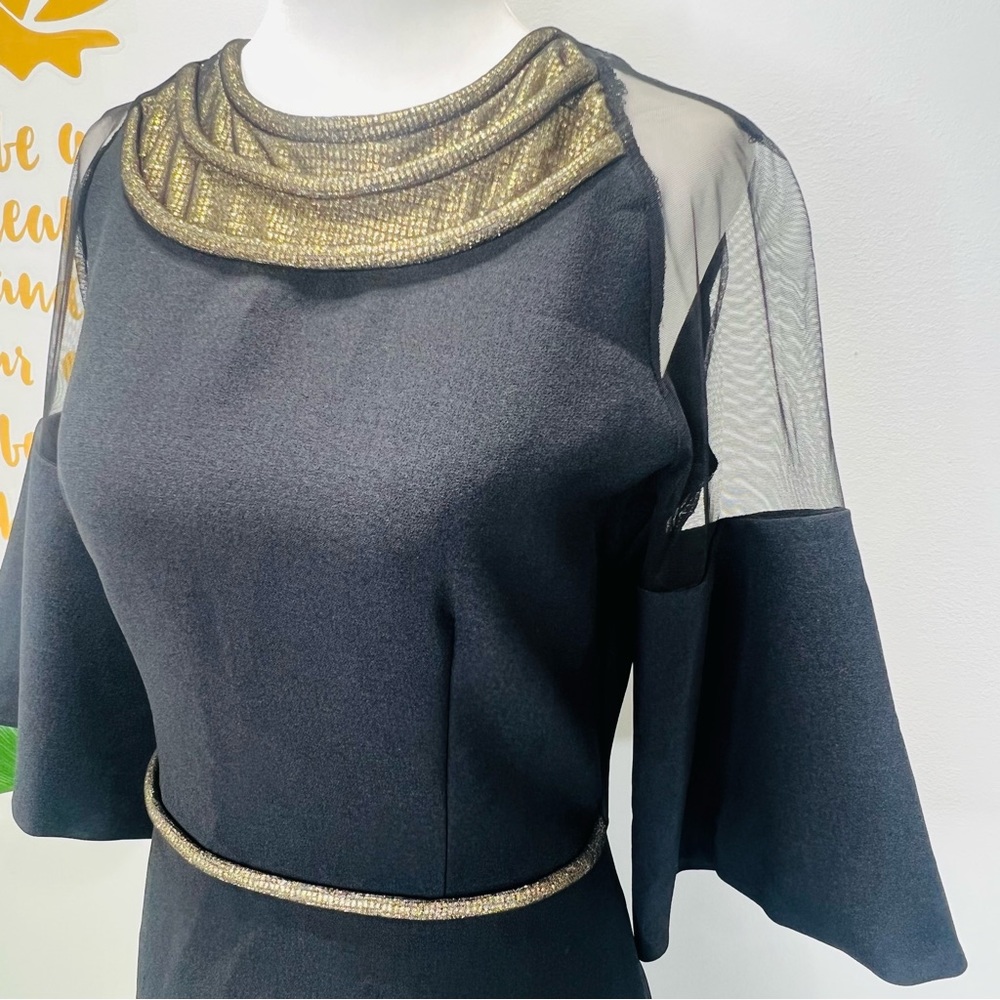 GENEVIE Black Mini Dress Gold & Sheer Bell Sleeve Dress NWT Size Small Medium - Picture 3 of 14